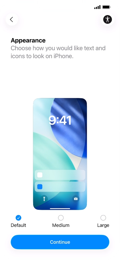 Select the required text and icon size on your phone and press Continue.
