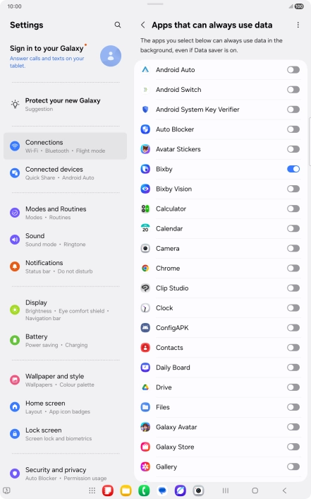 Press the indicators next to the required apps to turn the function on or off.
