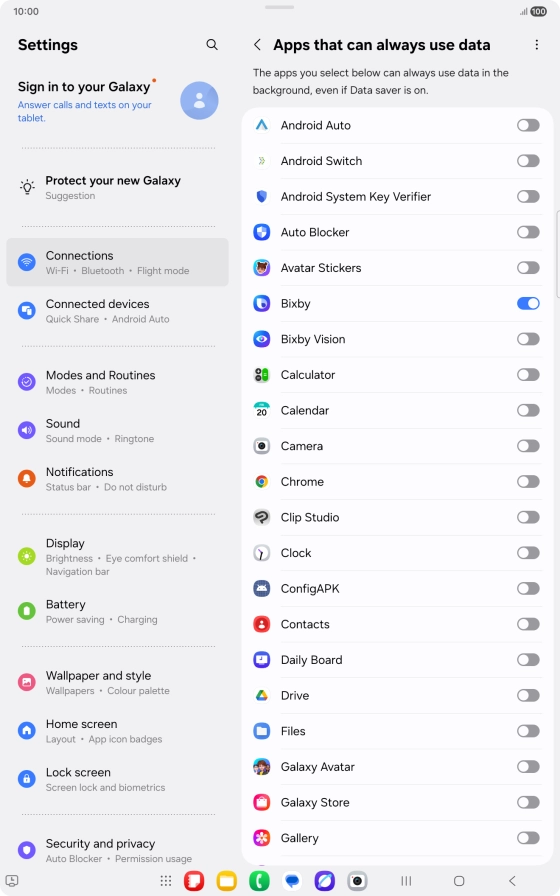 Press the indicators next to the required apps to turn the function on or off.