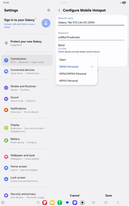 Press WPA3-Personal to password protect your Wi-Fi hotspot.