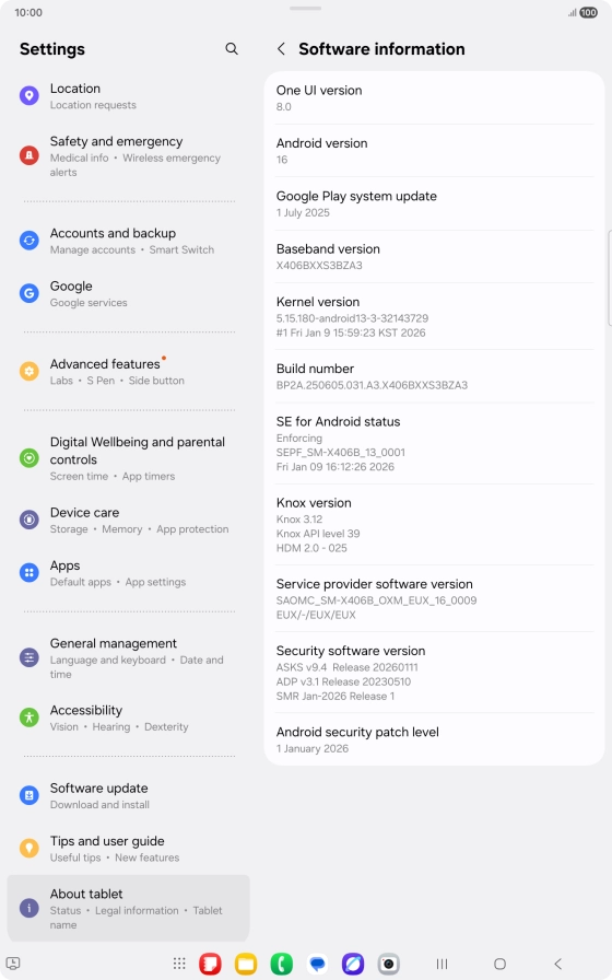 Your tablet's software version is displayed below Android version.