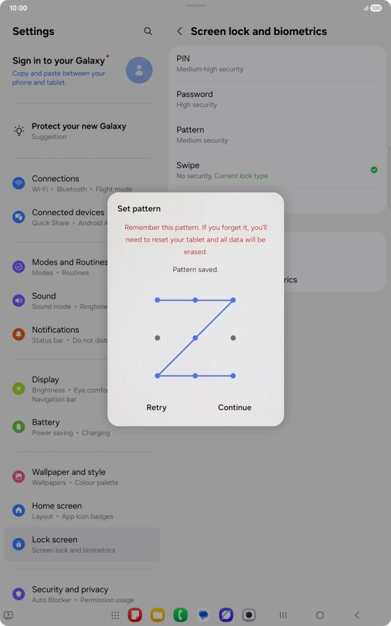 Slide your finger across the screen to connect at least four points and press Continue.