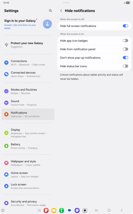Press the indicators next to the required settings to turn display of the selected notification types on or off.