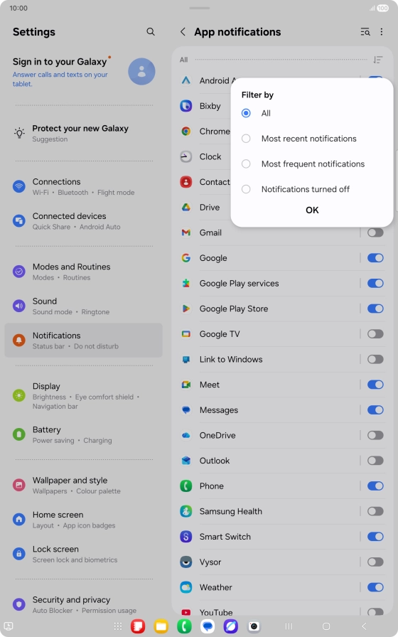 Press the required setting.