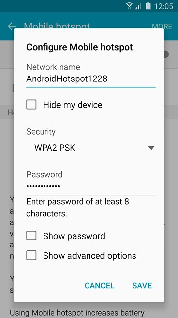 Key in the required name for the Wi-Fi hotspot.Press the drop down list below 