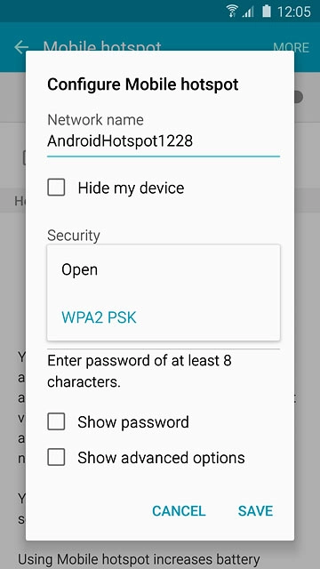 If you want to password protect your hotspot:Press WPA2 PSK.