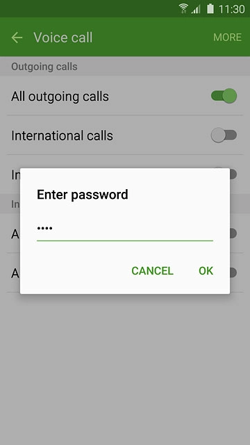 Key in your barring password (default is 0000) and press OK to turn the function on or off.