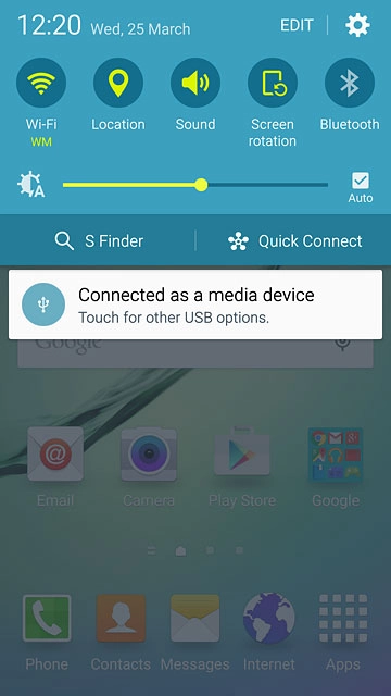 Slide your finger down the display starting from the top edge of your phone.Press Connected as a media device.