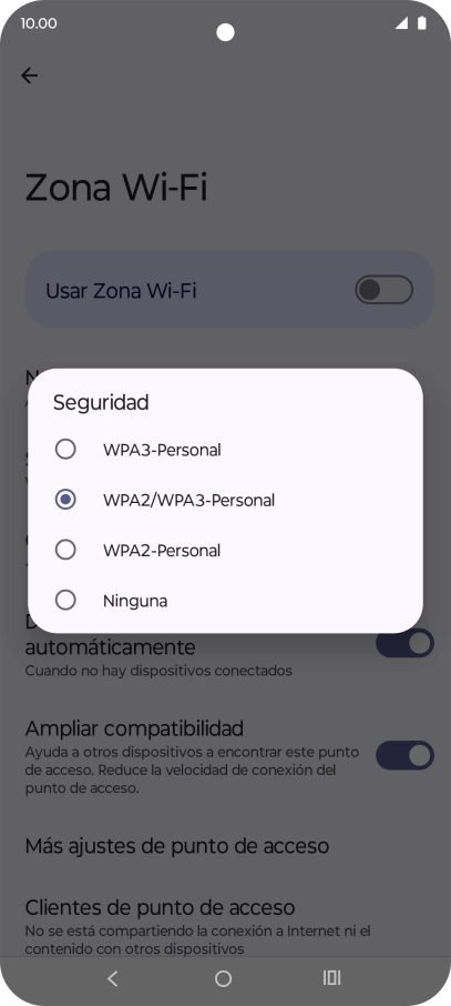 Pulsa WPA3-Personal para proteger la conexión wifi con una contraseña.