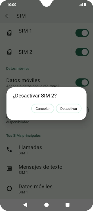 Si desactivas el uso de la línea móvil (SIM), debes pulsar Desactivar.