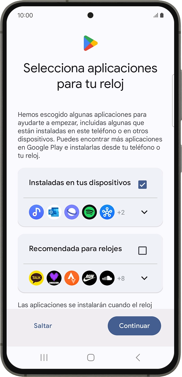 En el teléfono: Sigue las indicaciones de la pantalla para seleccionar las apps adicionales que quieres instalar en el smartwatch y pulsa Continuar.