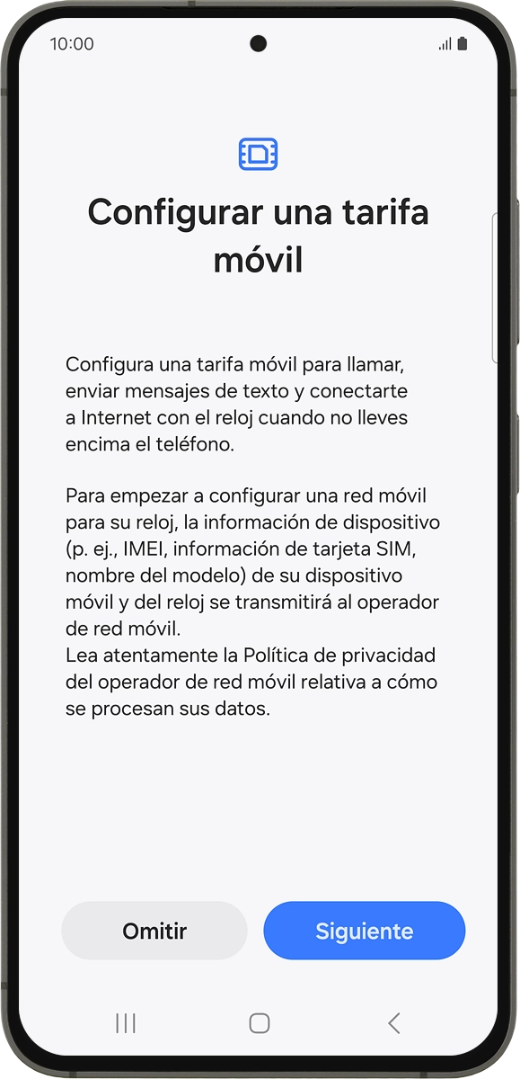 En el teléfono: Si deseas configurar los datos móviles en el smartwatch, sigue las indicaciones de la pantalla  para terminar la configuración.