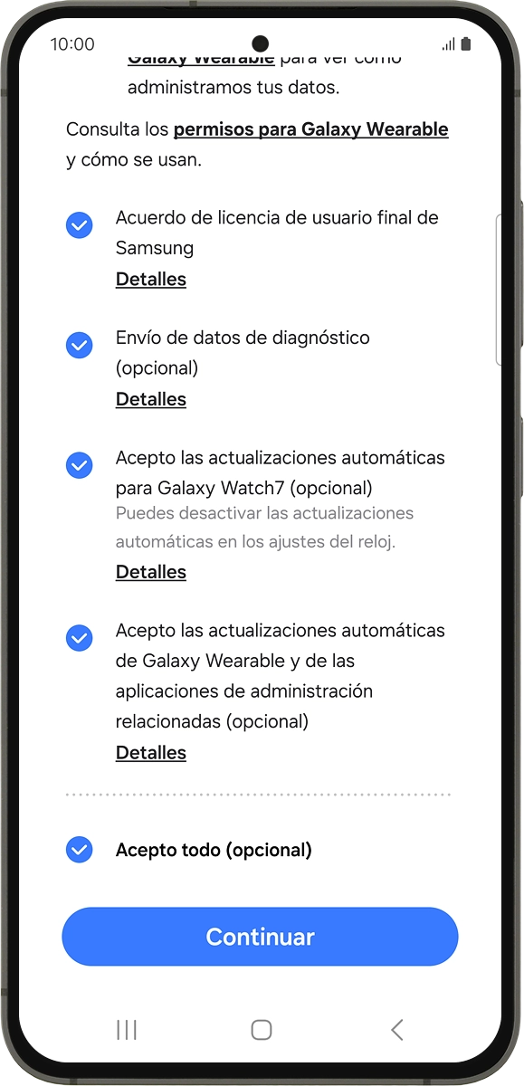 En el teléfono: Sigue las indicaciones de la pantalla para seleccionar los ajustes deseados y pulsa Continuar.