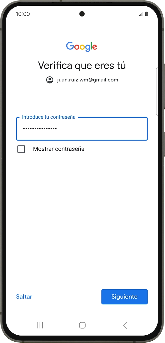 En el teléfono: Introduce la contraseña de tu cuenta de Google y pulsa Siguiente.