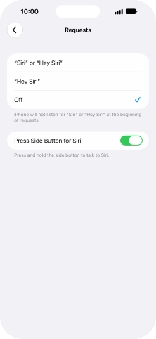 Press the required setting to turn the function on or off. If you turn on the function, you need to follow the instructions on the screen to set up Siri to recognise your voice.