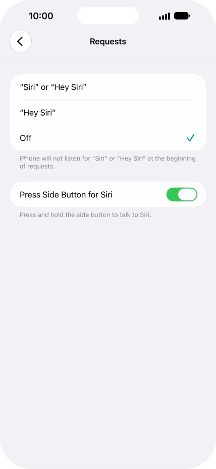 Press the required setting to turn the function on or off. If you turn on the function, you need to follow the instructions on the screen to set up Siri to recognise your voice.