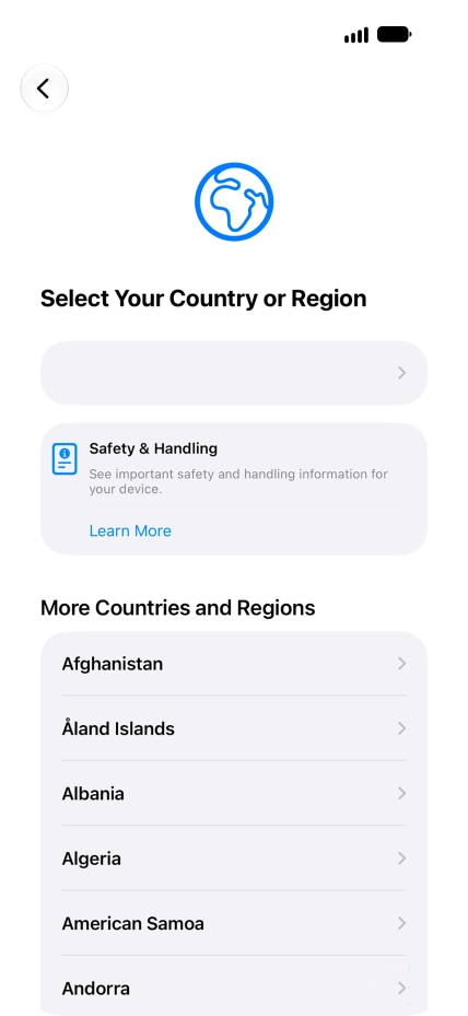 Press the required country or area. Press the required country or area.