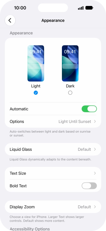 If you turn on the function, press Options and follow the instructions on the screen to select the required period of time for Dark Mode. If you turn on the function, press Options and follow the instructions on the screen to select the required period of time for Dark Mode.