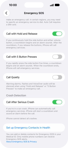Press Set up Emergency Contacts in Health and follow the instructions on the screen to key in your emergency info and emergency contacts. Press Set up Emergency Contacts in Health and follow the instructions on the screen to key in your emergency info and emergency contacts.