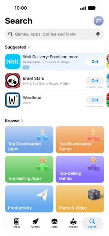 Press the search field and key in the name or subject of the required app.