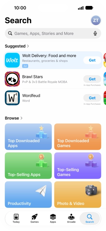 Press the search field and key in the name or subject of the required app.