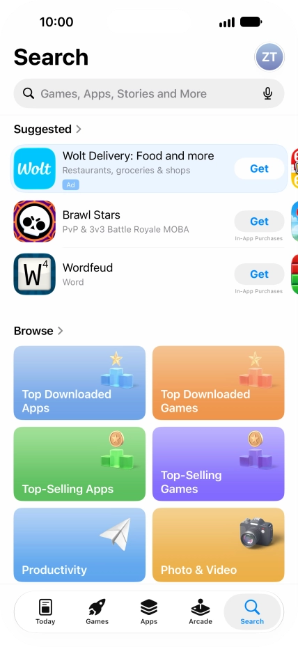 Press the search field and key in the name or subject of the required app.