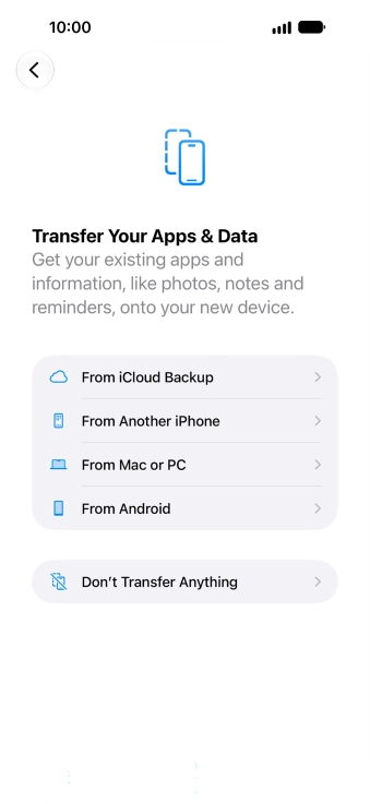 You can transfer content from an Android phone when your phone is activated for the first time and after a factory reset. When this screen is displayed, your phone is ready to transfer content from an Android phone. You can transfer content from an Android phone when your phone is activated for the first time and after a factory reset. When this screen is displayed, your phone is ready to transfer content from an Android phone.