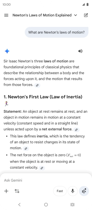 Transcription of the conversation with Gemini Live is now displayed.