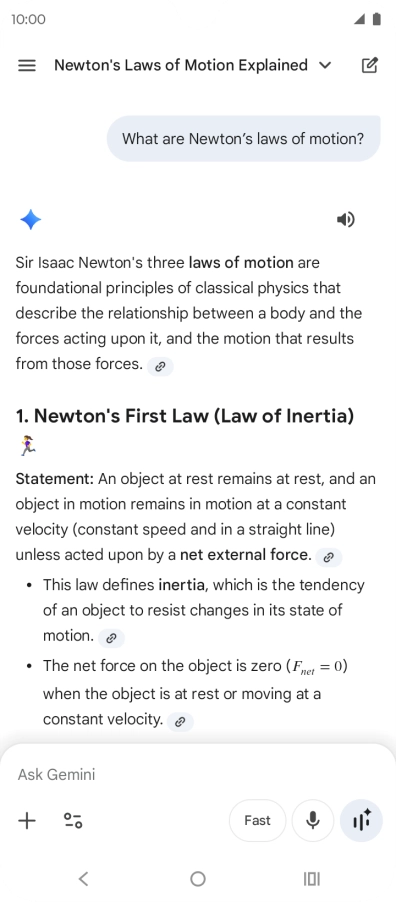 Transcription of the conversation with Gemini Live is now displayed.