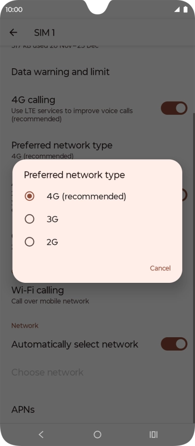 Press the required network mode.