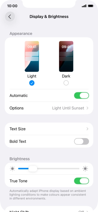 If you turn on the function, press Options and follow the instructions on the screen to select the required period of time for Dark Mode. If you turn on the function, press Options and follow the instructions on the screen to select the required period of time for Dark Mode.