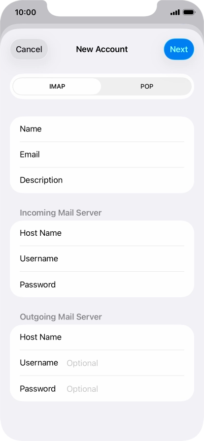 Press Username and key in the password for your email account. Please note that if you're using Vodafone's outgoing server, leave the password field empty.