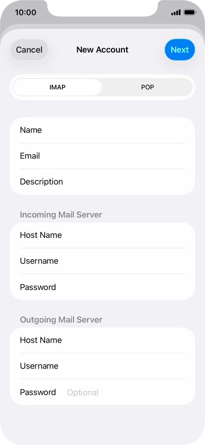 Press Password and key in the password for your email account. Please note that if you're using Vodafone's outgoing server, leave the password field empty.