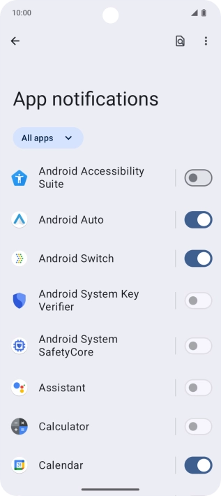 Press the indicator next to the required apps to turn the function on or off.