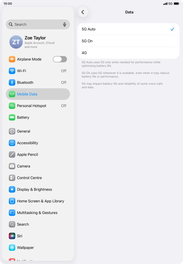 To turn on automatic switch between 5G and 4G, press 5G Auto.