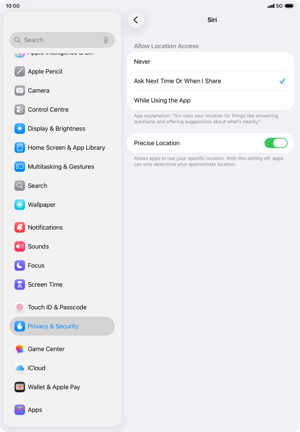 Press the required setting to turn the function on or off.