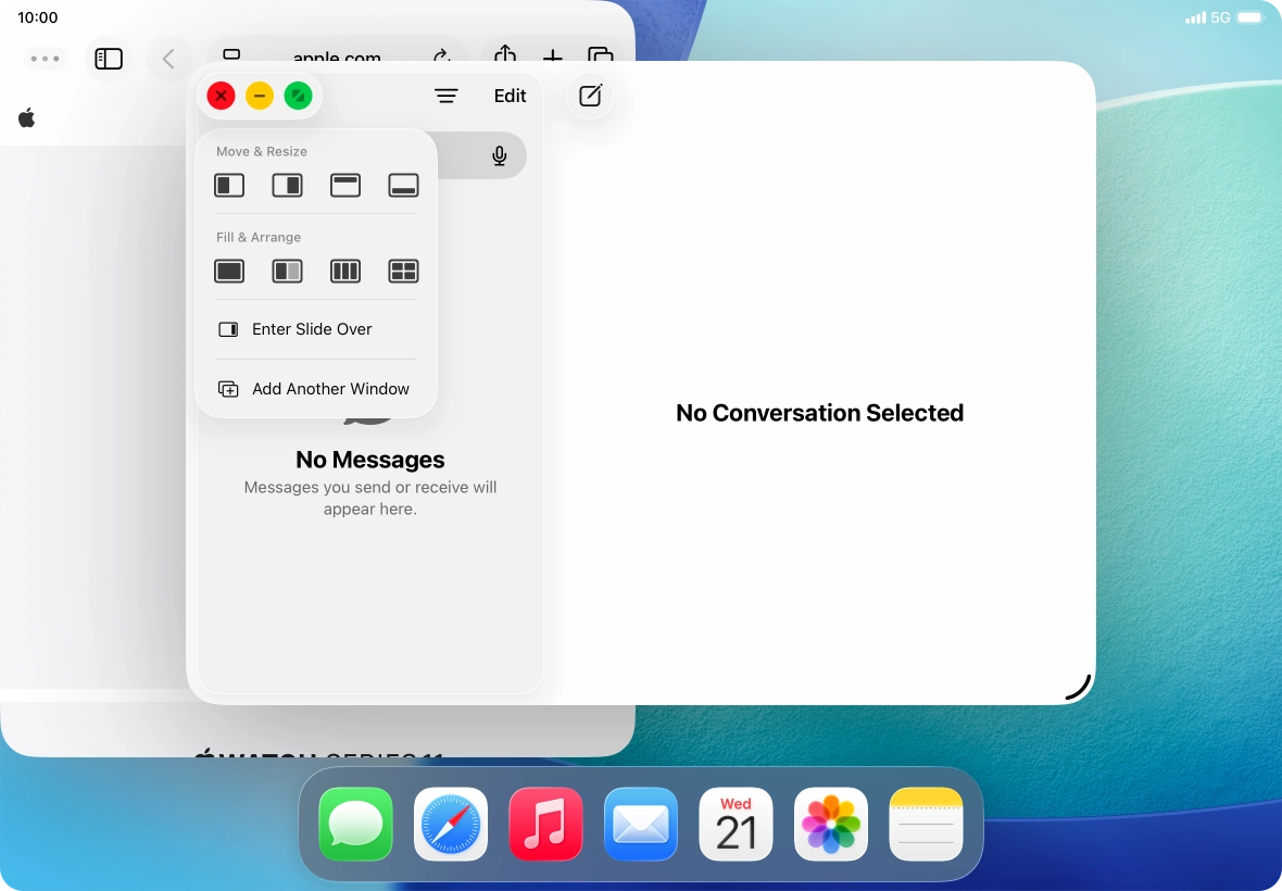 Press the required setting to place the application window on the opposite side of the screen from the first application window.