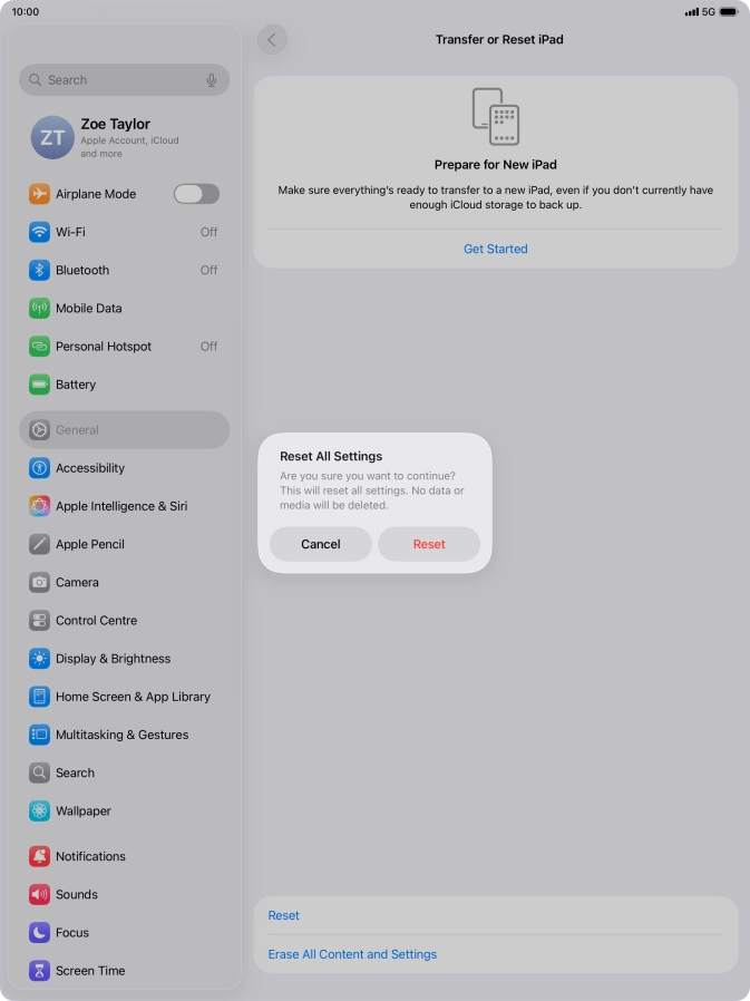 Press Reset. Wait a moment while the factory default settings are restored. Follow the instructions on the screen to set up your tablet and prepare it for use.