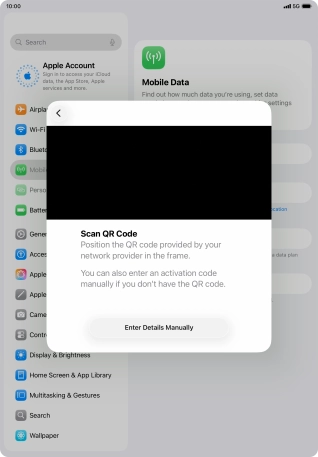 Place the QR code you've received inside the tablet camera frame to scan the code. If you’ve deleted your eSIM, you can re-add it using your existing QR code. If you’re having problems, see our FAQ.