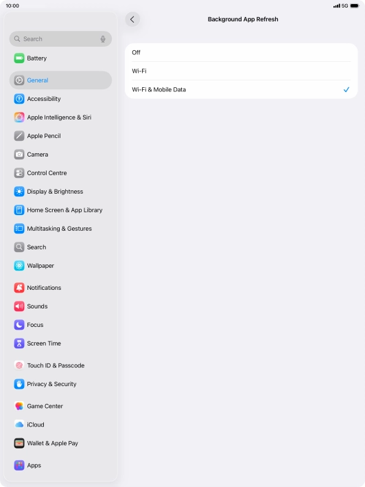 To turn off background refresh of apps, press Off. To turn off background refresh of apps, press Off.