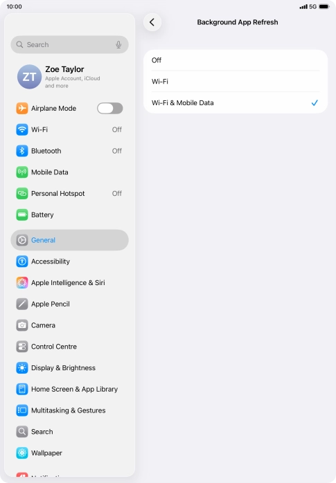 To turn off background refresh of apps, press Off. To turn off background refresh of apps, press Off.