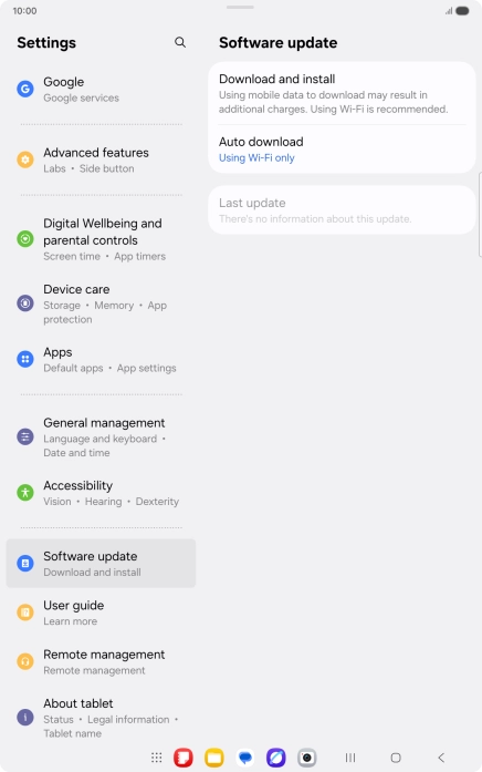 Press Download and install. If a new software version is available, it's displayed. Follow the instructions on the screen to update the tablet software.