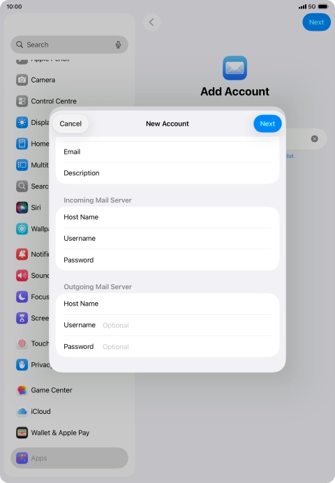 Press Username and key in the username for your email account.