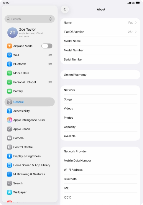 Your tablet's software version is displayed next to iPadOS Version. Your tablet's software version is displayed next to iPadOS Version.