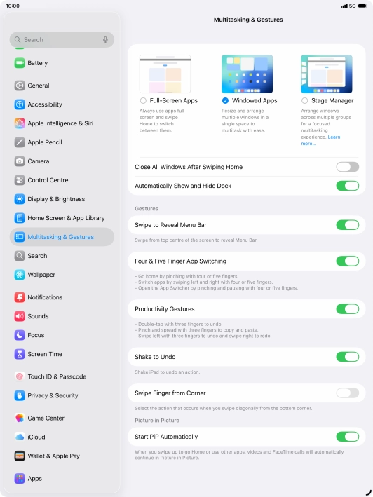 Press the indicators next to the required settings to turn them on or off.
