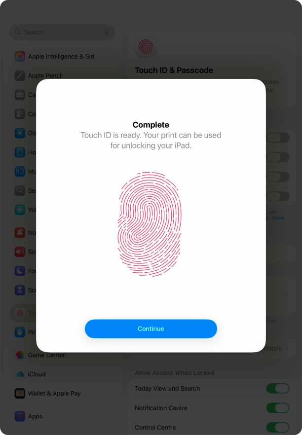 Press Continue. If you haven't previously selected a lock code, key in a code of your own choice twice.
