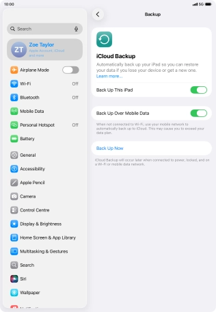 Press Back Up Now and wait while the tablet memory is backed up.