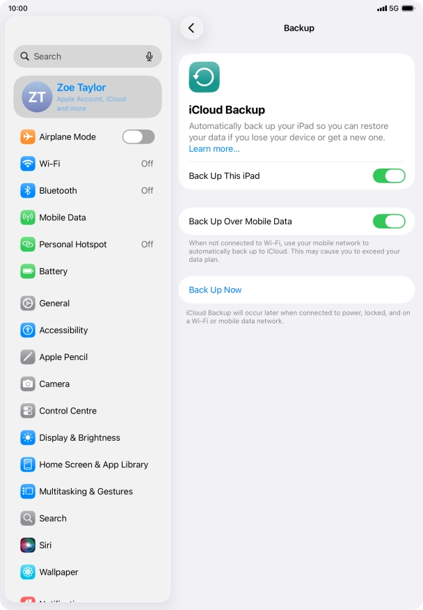 Press Back Up Now and wait while the tablet memory is backed up.