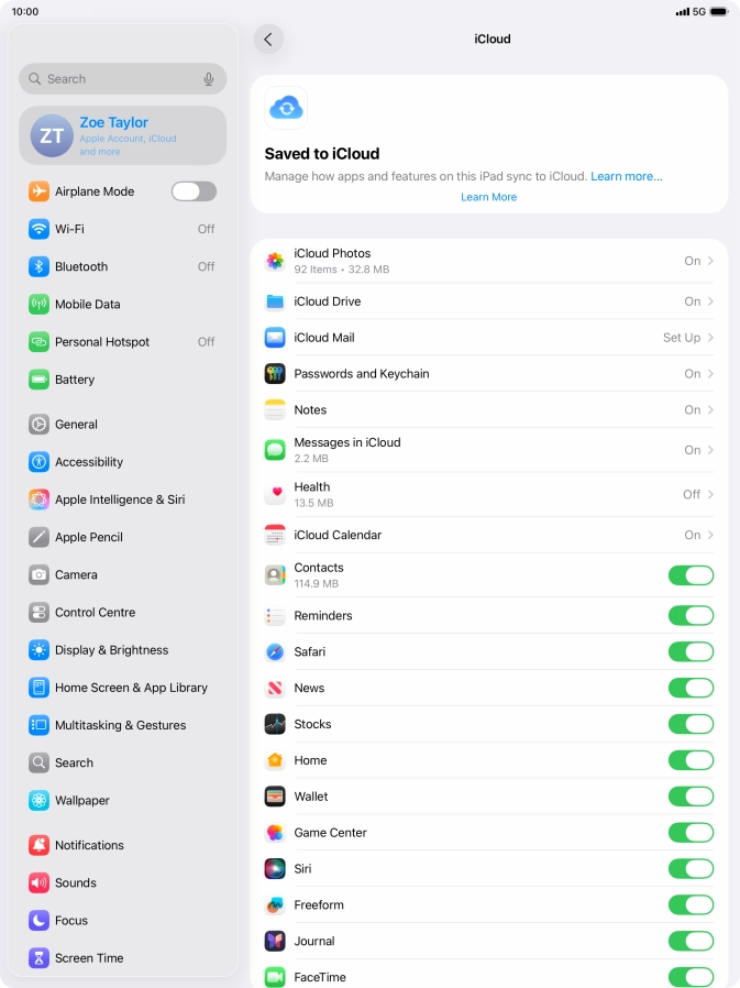 Press the indicators next to the required data types to turn synchronisation of each data type on or off.