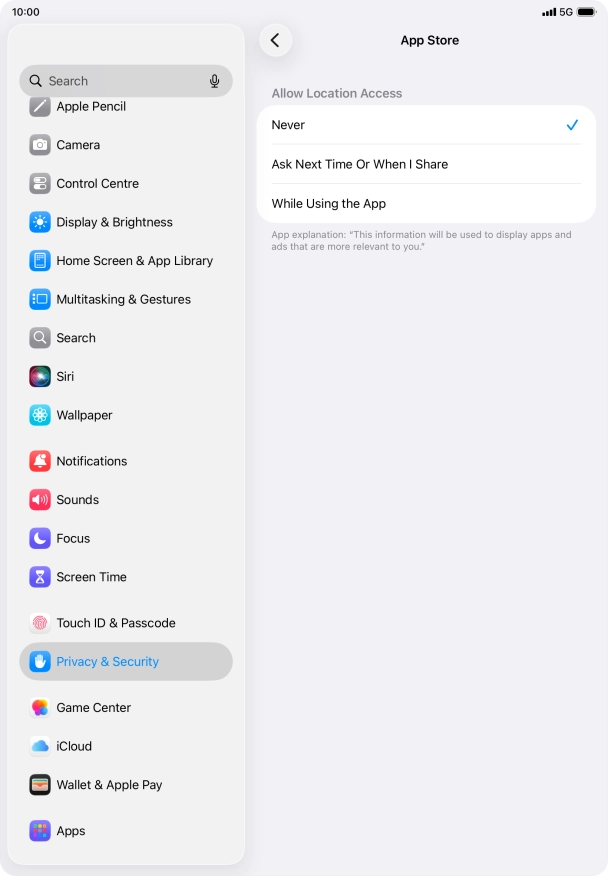 Press the required setting to turn the function on or off.